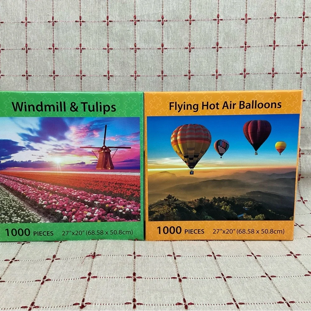 Set Of 2 Jigsaw Puzzles 1000 Pieces Each Windmill & Tulips Hot Air Balloons New